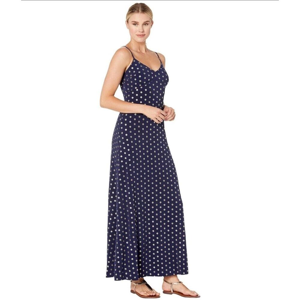Michael Kors Maxi Slip Dress Foil Medallion Navy Gold Metallic Print Size M NEW
